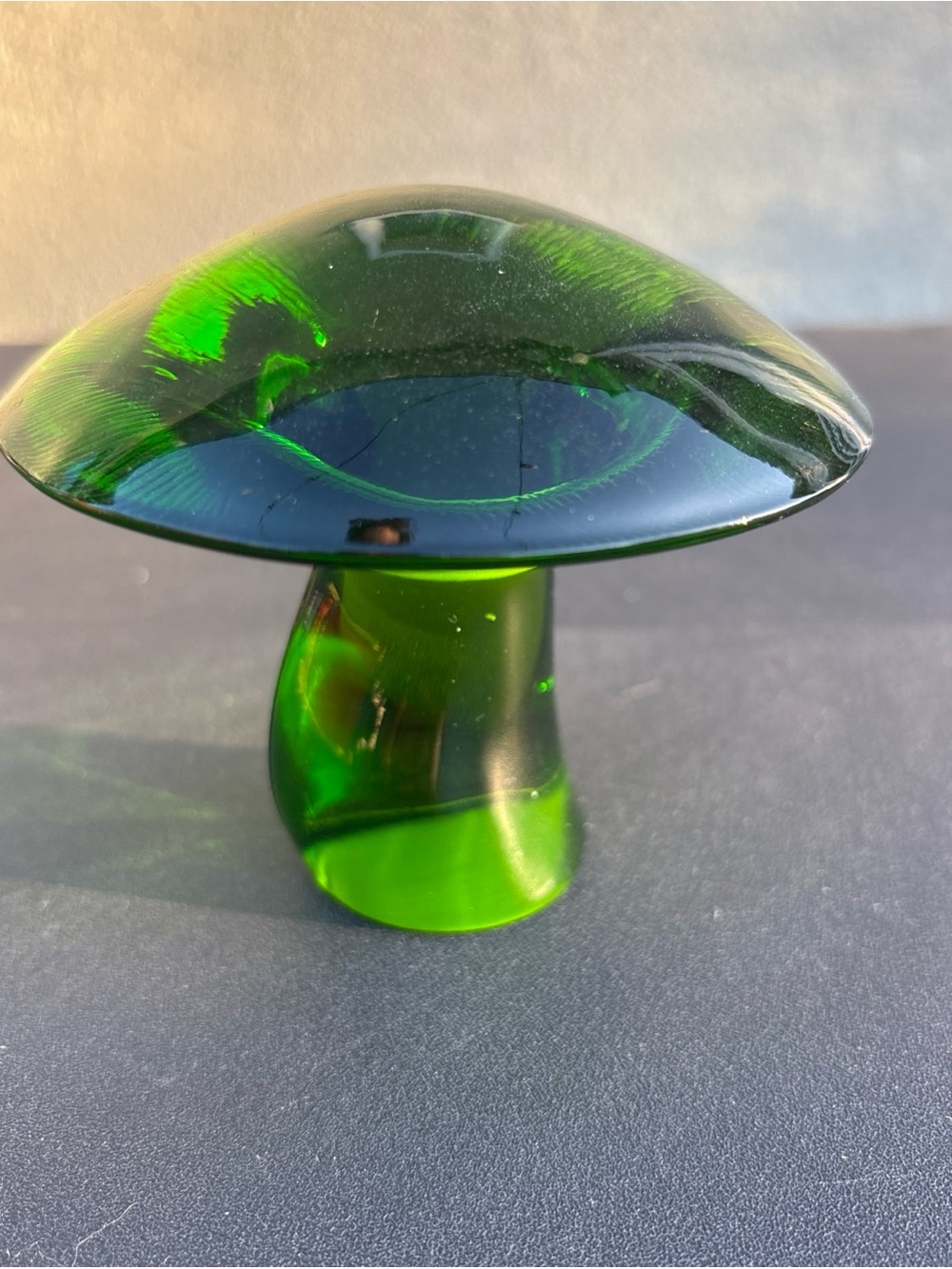Vintage 3”x 3" Viking Glass Mushroom Paperweight avocado Green Blown Art Glass